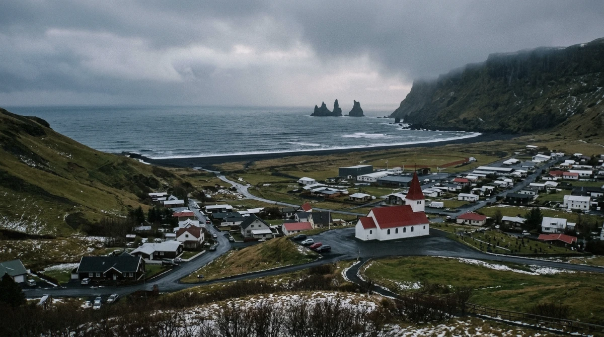 Vík í Mýrdal below its church hill, the last village on the road before the track to the Katla ice cave